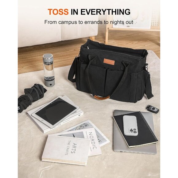 Women's Black 2 Tote Bags Large Utility Bags with Pockets Zip for Teacher Work - Picture 3 of 7